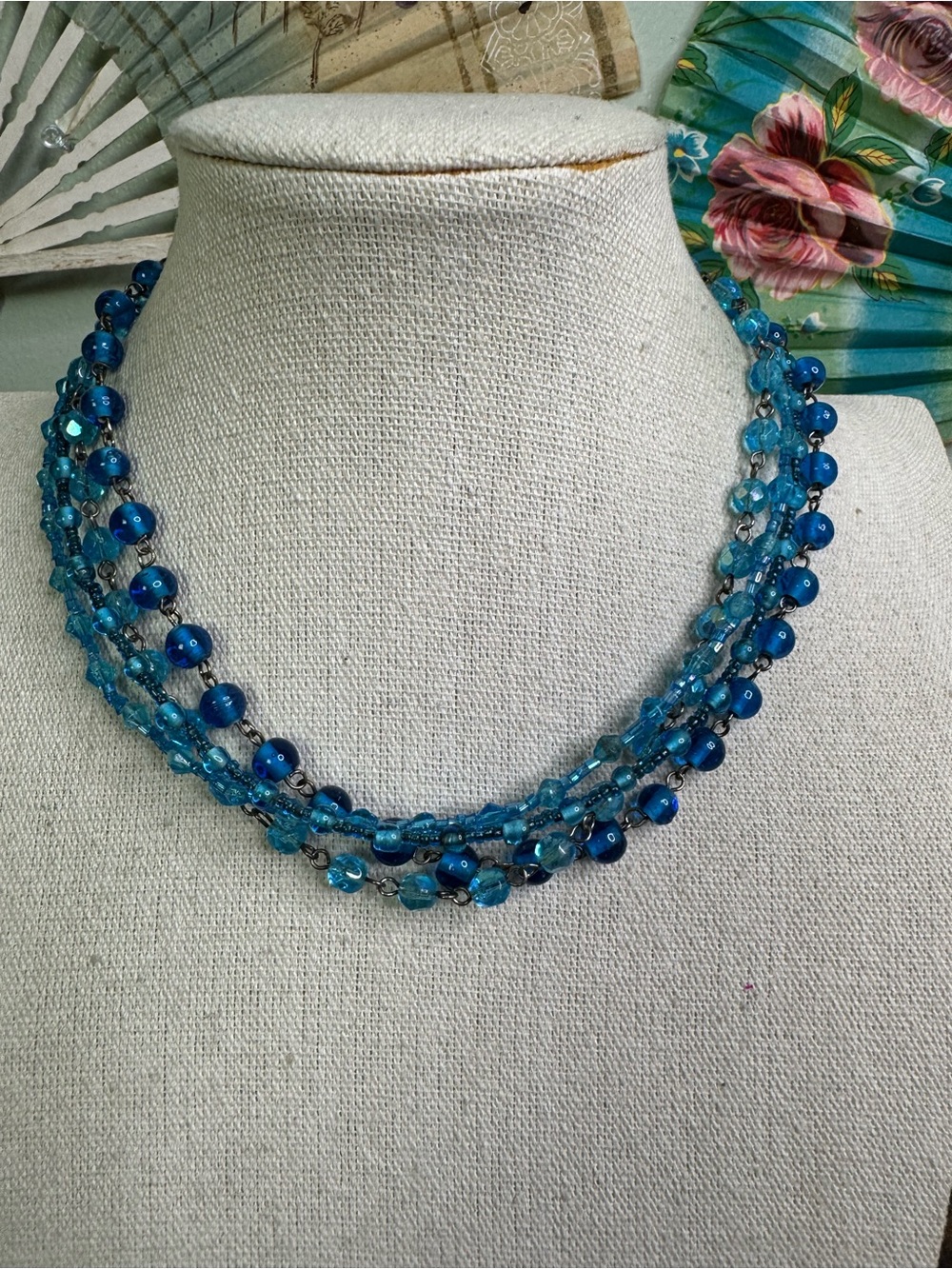 Vintage Blue Multi-Strand Necklace - Glass Beads Mermaid Ocean Core